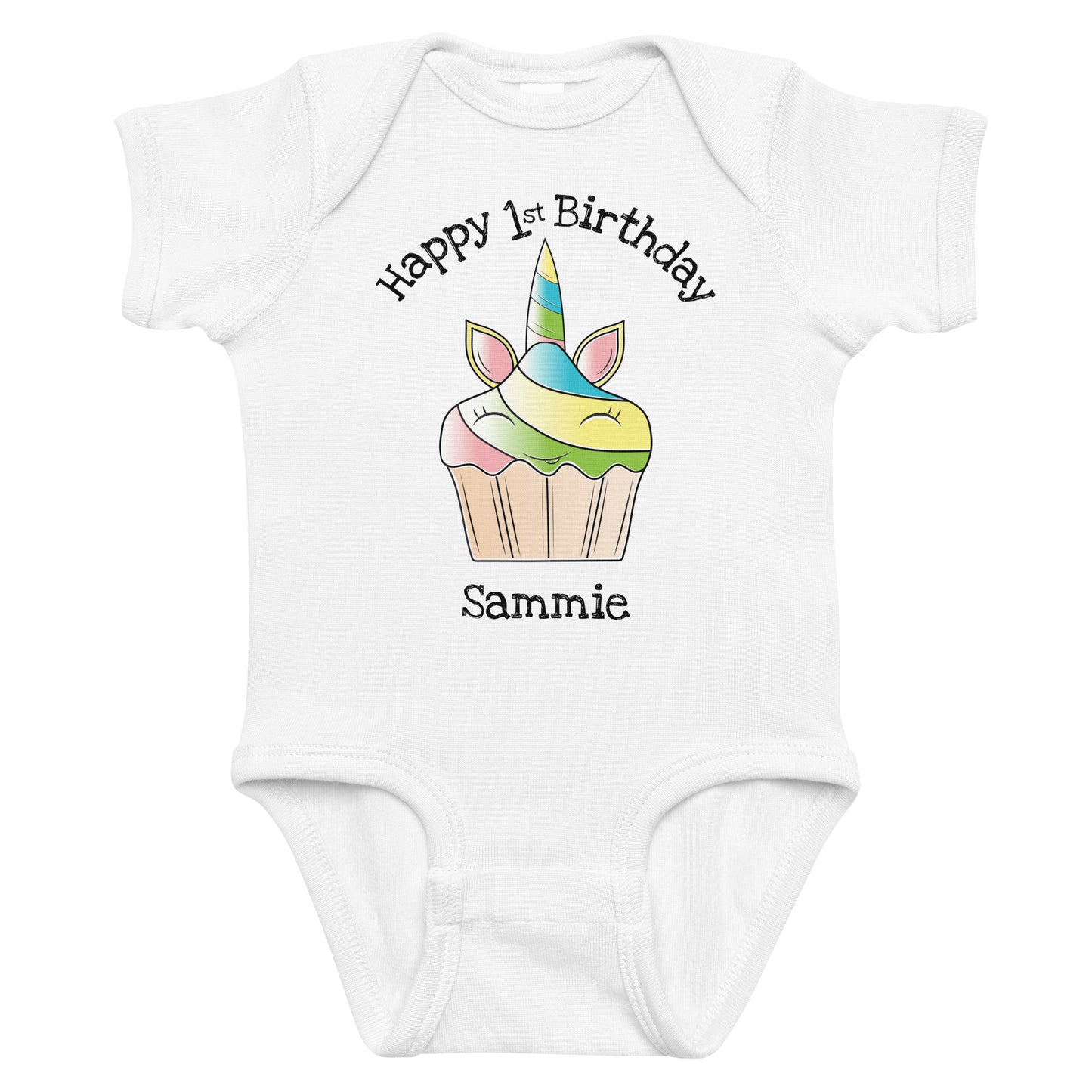 Personalized Birthday Unicorn Cupcake with Name & Age Infant white bodysuit