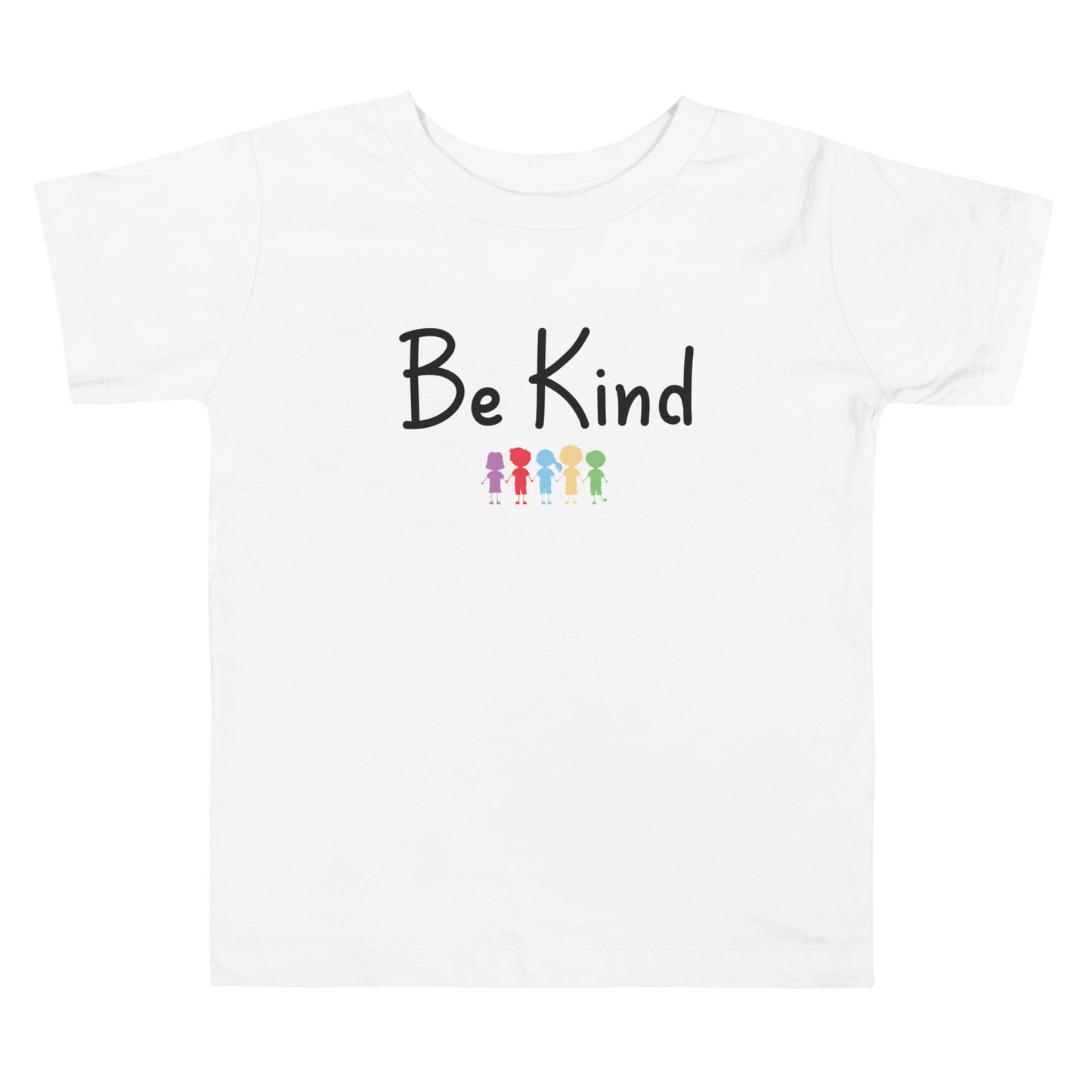 Toddler short sleeve t-shirt that says Be Kind and has 5 cartoon colored kids holding hands.