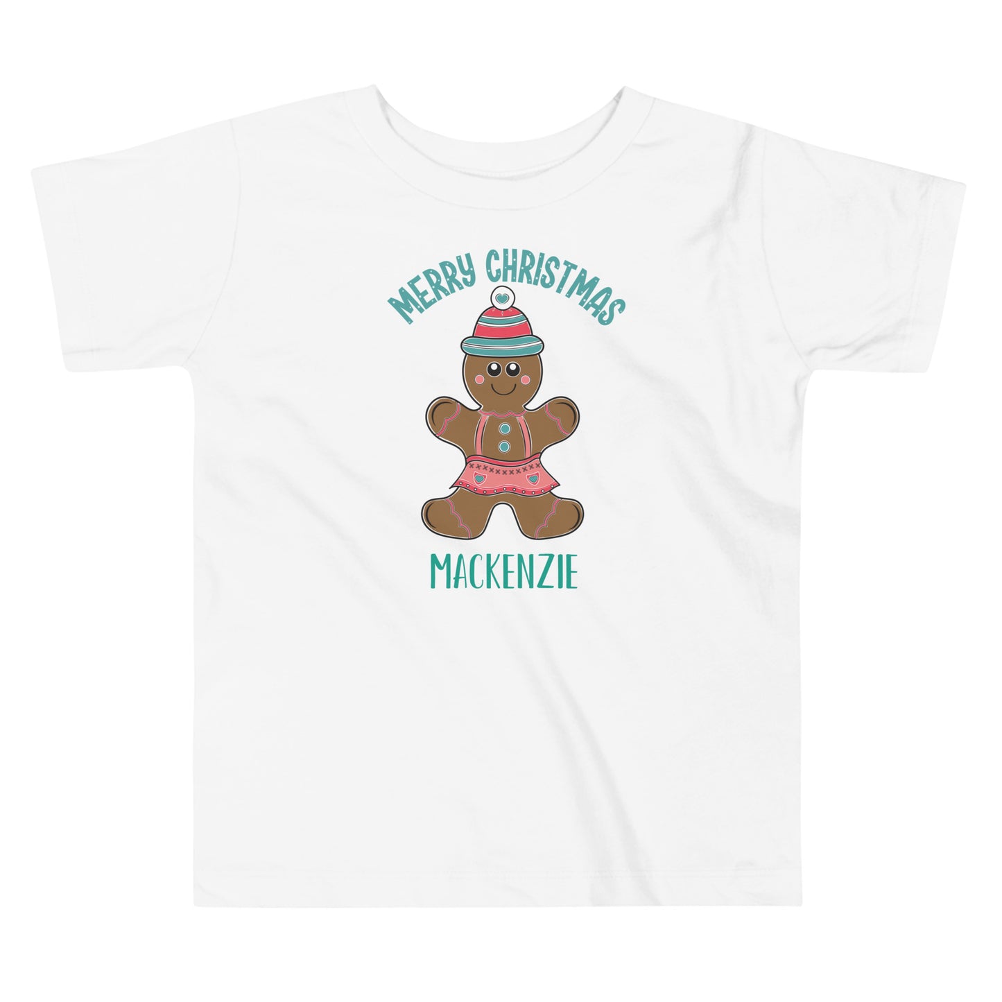 Personalized with Name Merry Christmas Gingerbread Girl Toddler Short Sleeve Tee in white.