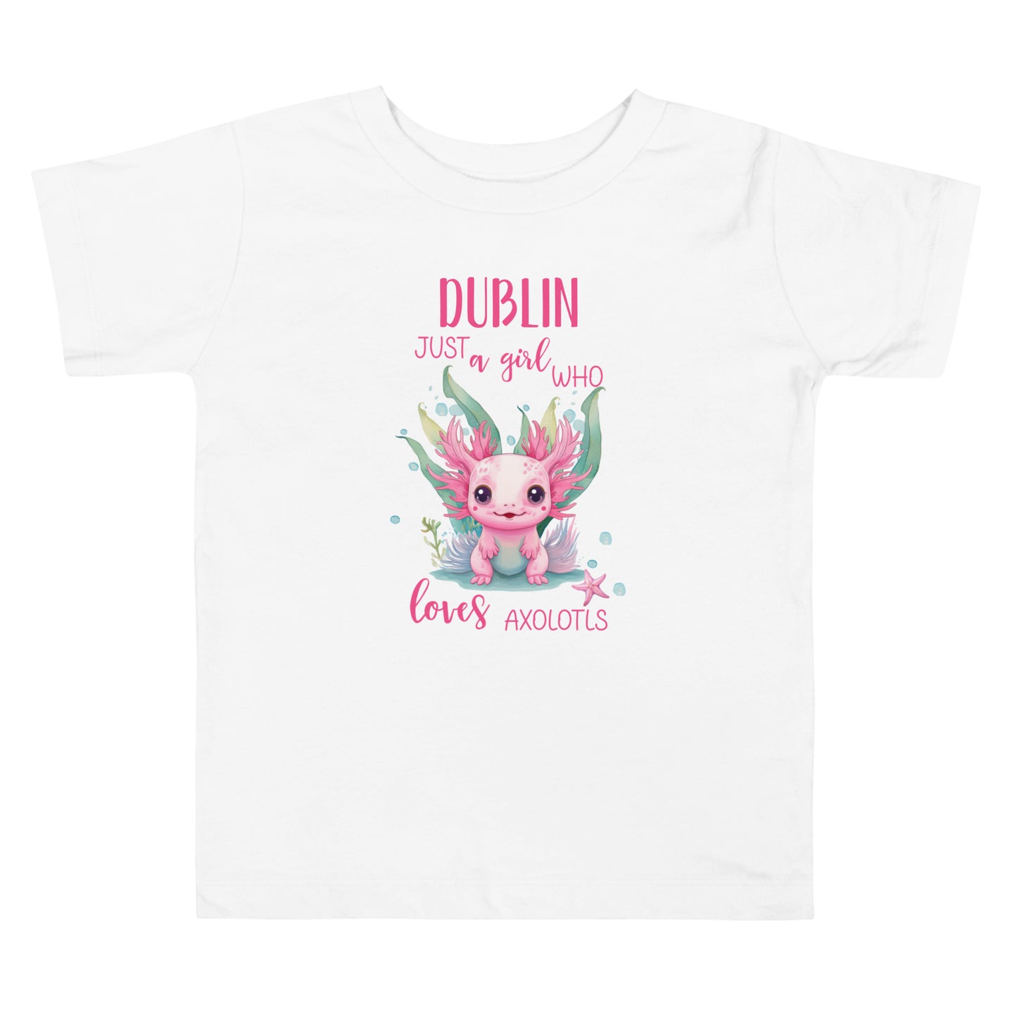 Personalized with name Just a Girl Who Loves Axolodls Toddler Short Sleeve Tee.