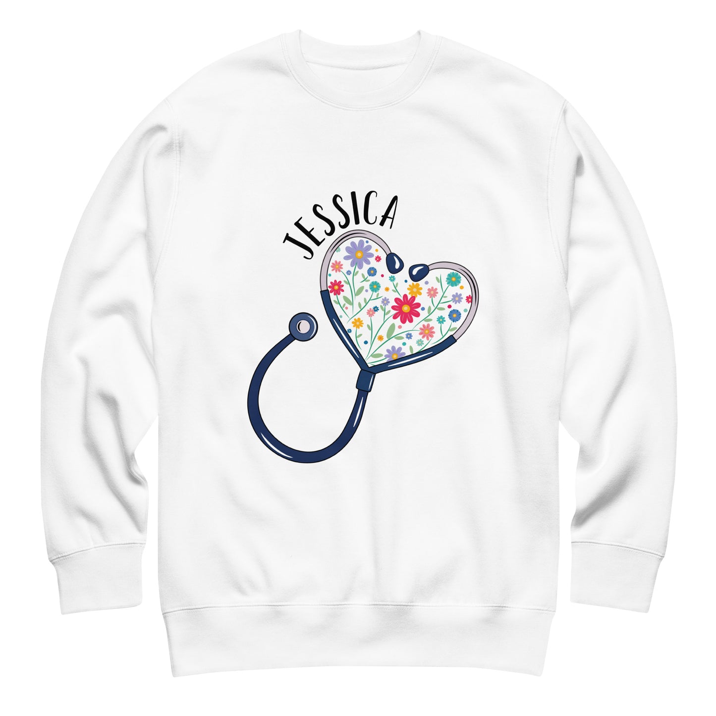 Unisex white sweatshirt with a stethoscope in the shape of a heart with multi-colored flowers inside and personalized with a name hugging the top of the heart shape.