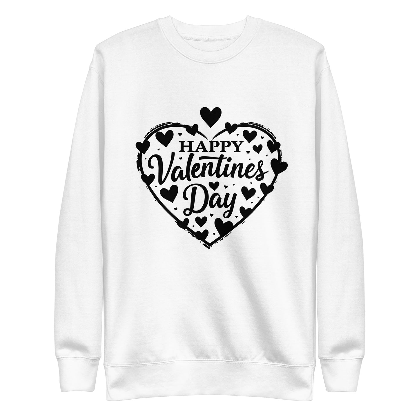 Happy Valentine's Day written in a heart with hearts scattered around on a Unisex Premium Sweatshirt.