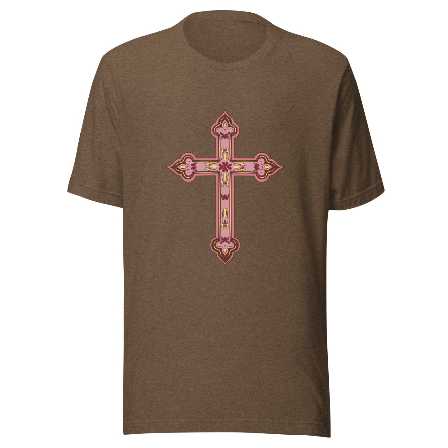 Heather brown short sleeve unisex tee ornately decorated colored Christian Cross.