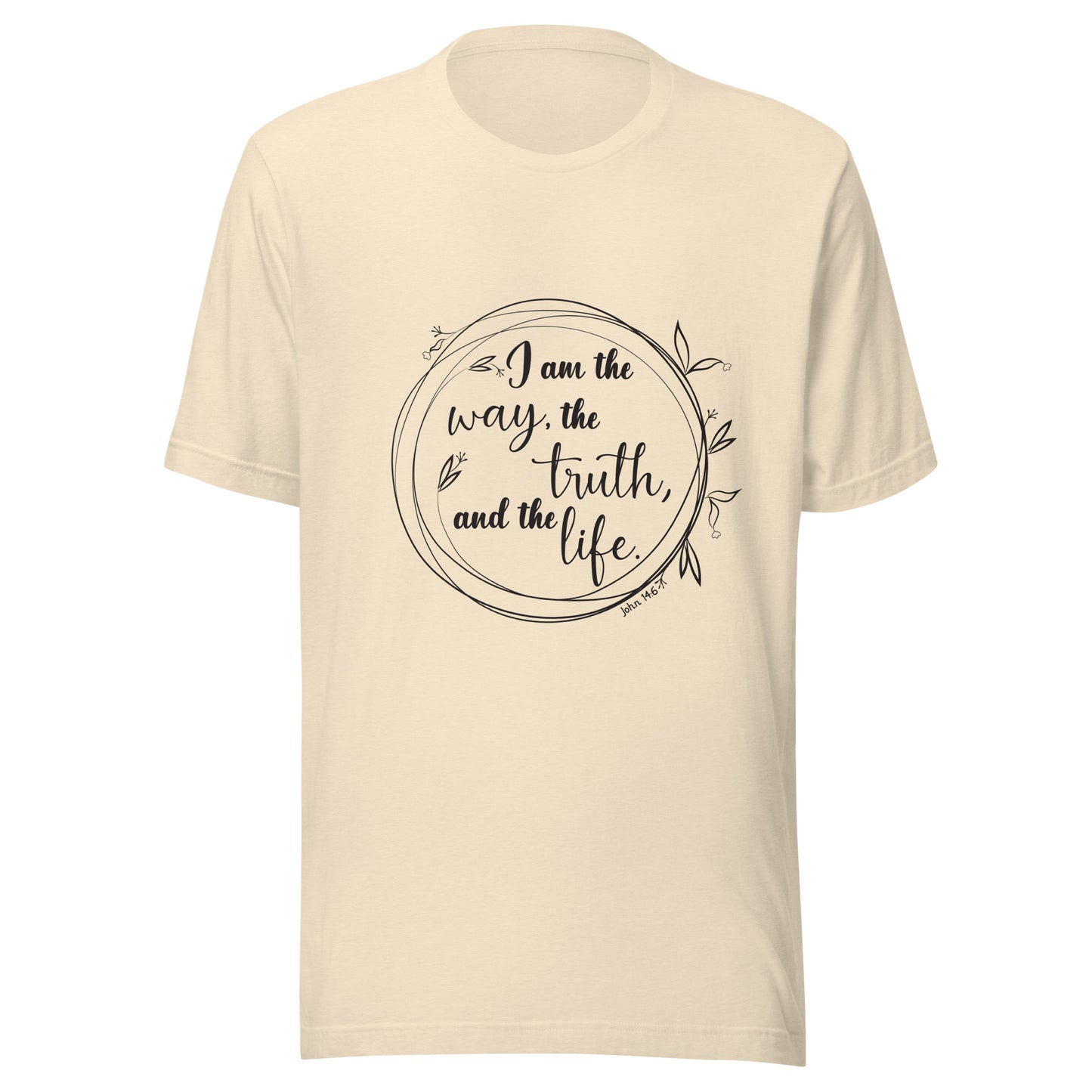 Heather natural unisex short sleeve t-shirt with John 14:6 scripture written in a viney circle.