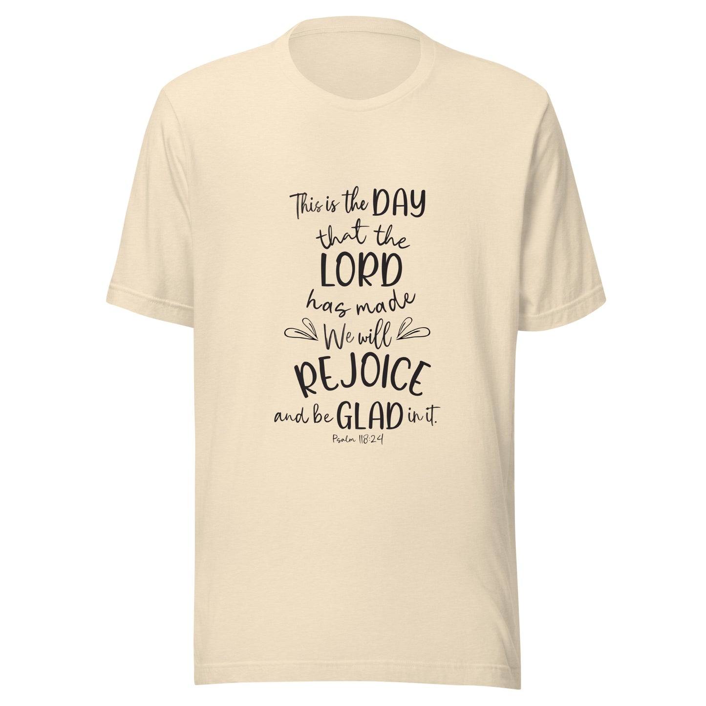 Heather natural unisex short sleeve t-shirt with Psalm 118:24 scripture with a vine up one side of the words.