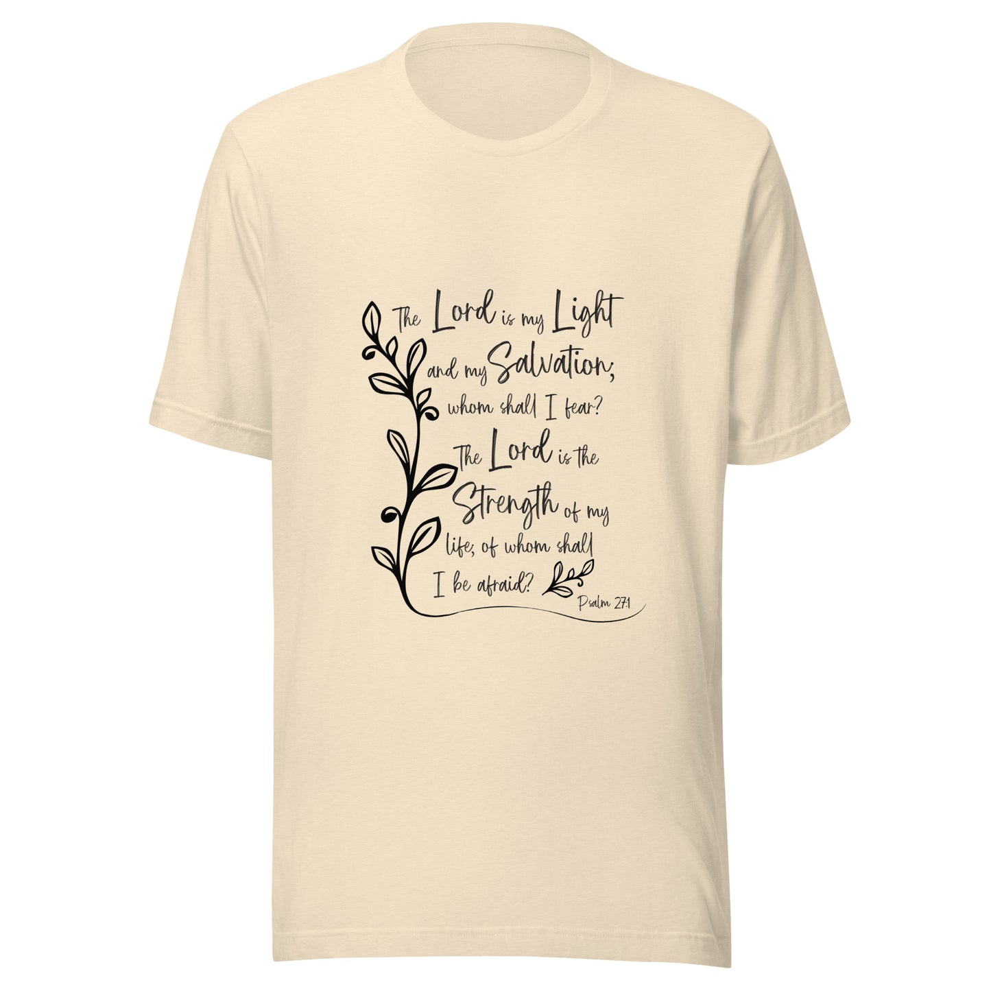 Heather natural unisex short sleeve t-shirt with Psalm 27:1 scripture with a vine up one side of the words.