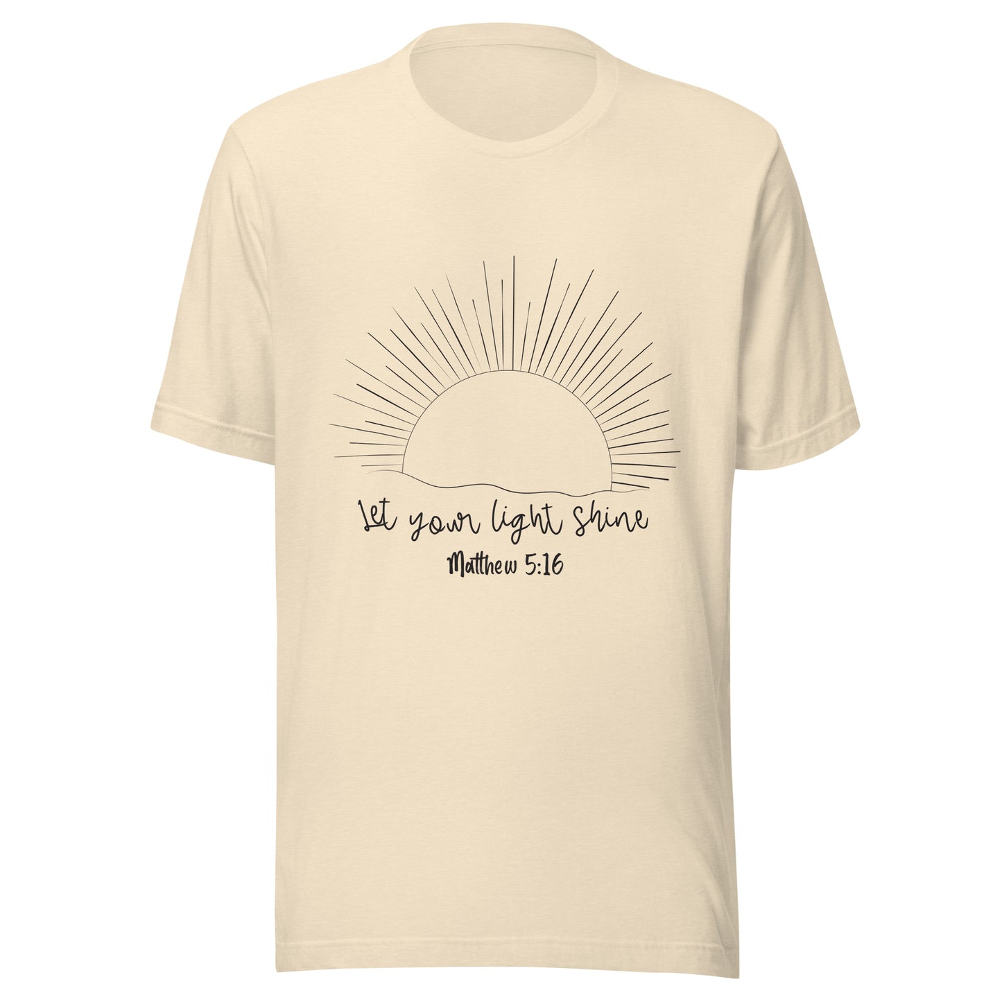 Heather natural unisex short sleeve t-shirt that has a sun with many rays and underneath says 'Let your light shine', Matthew 5:16.