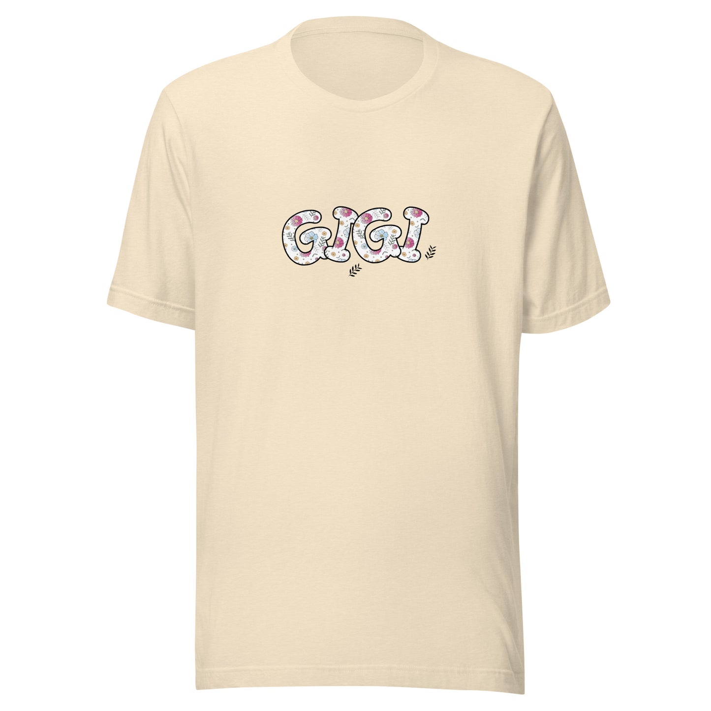 Heather natural short sleeve unisex t-shirt that says Mama on the front written in cute font with flowers inside each letter.