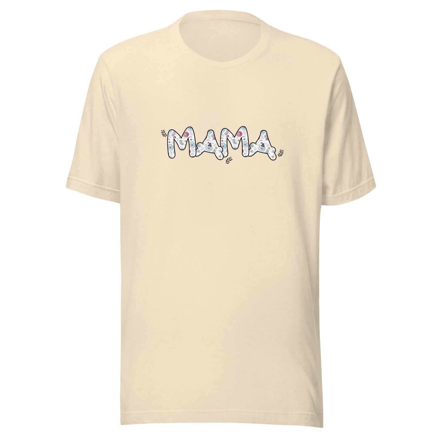 Heather natural short sleeve unisex t-shirt that says Mama on the front written in cute font with flowers inside each letter.