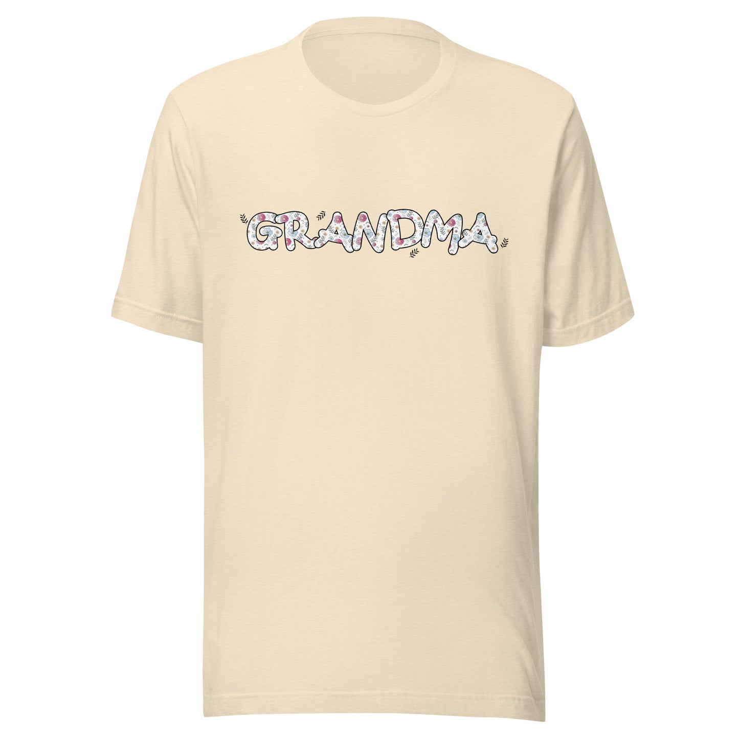 Heather natural short sleeve unisex t-shirt that says Grandma on the front written in cute font with flowers inside each letter.