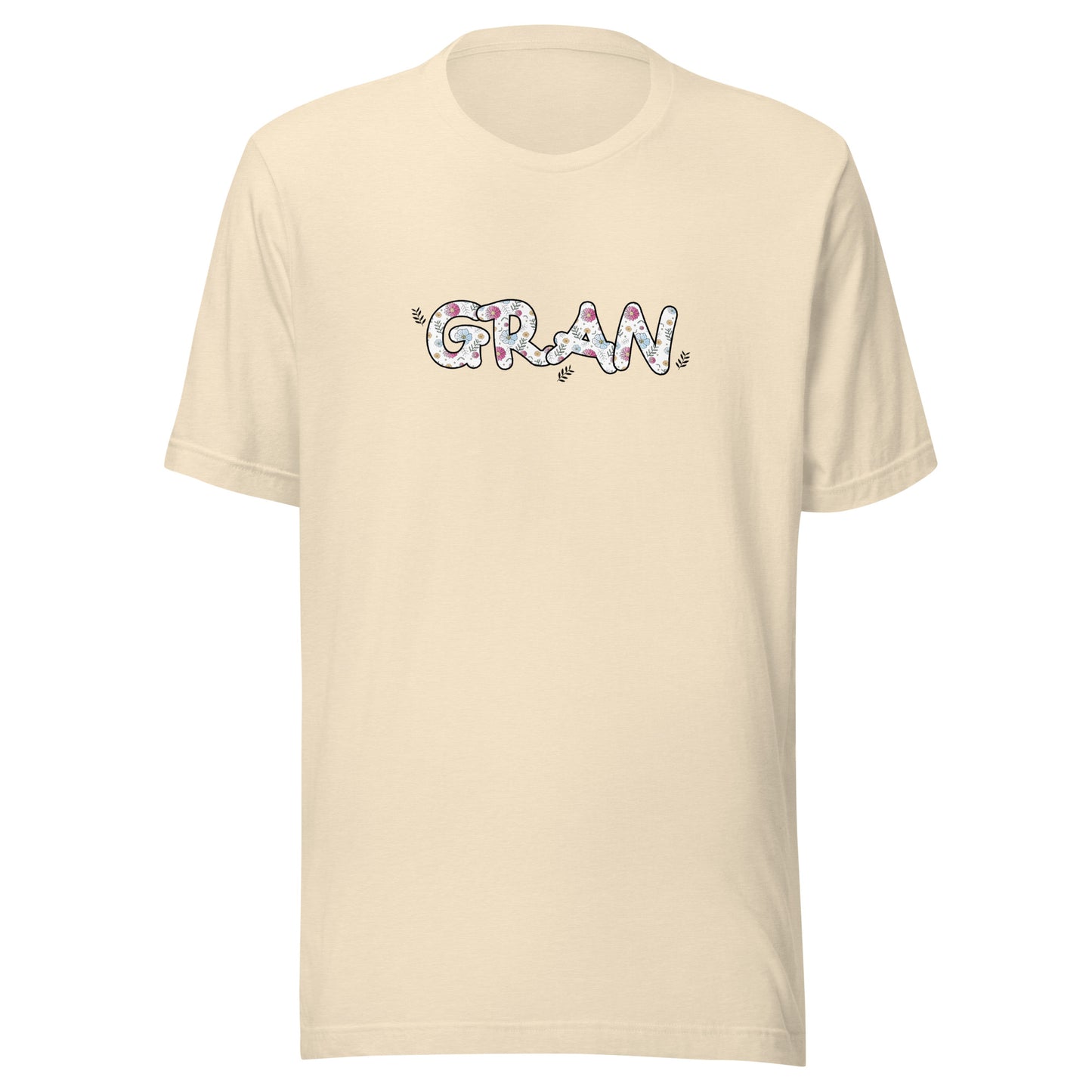 Heather natural short sleeve unisex t-shirt that says Gran on the front written in cute font with flowers inside each letter.