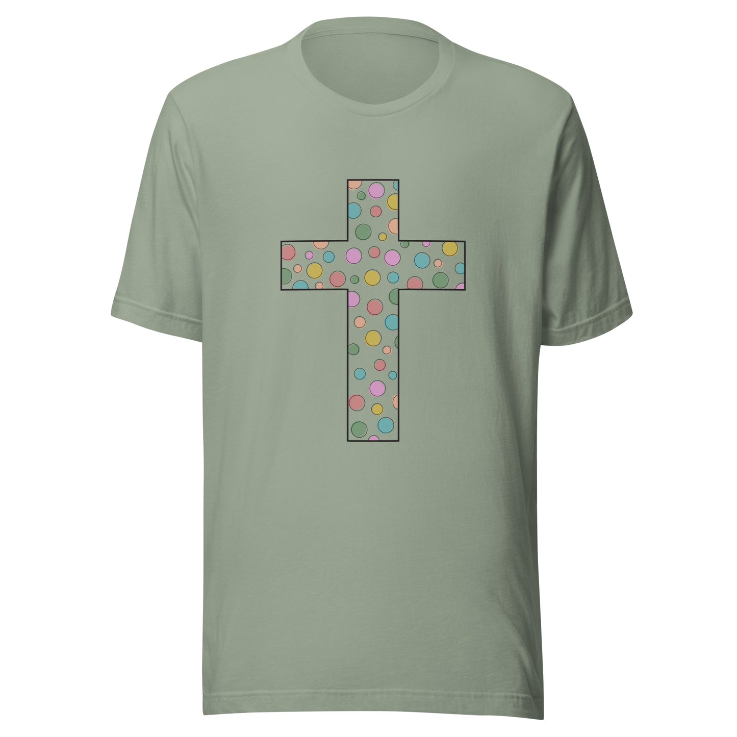 sage unisex short sleeve t-shirt that has a multi-colored polka dot cute cross on the front.