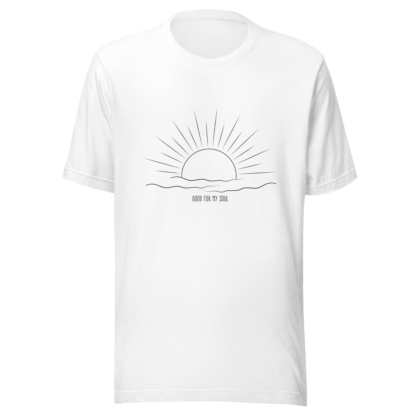 White unisex short sleeve t-shirt that states 'Good for my soul' with a sunsetting above the words all in black color.