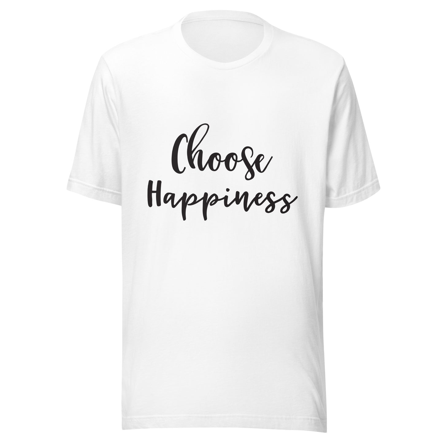 White unisex short sleeve t-shirt that says 'Choose Happiness'.