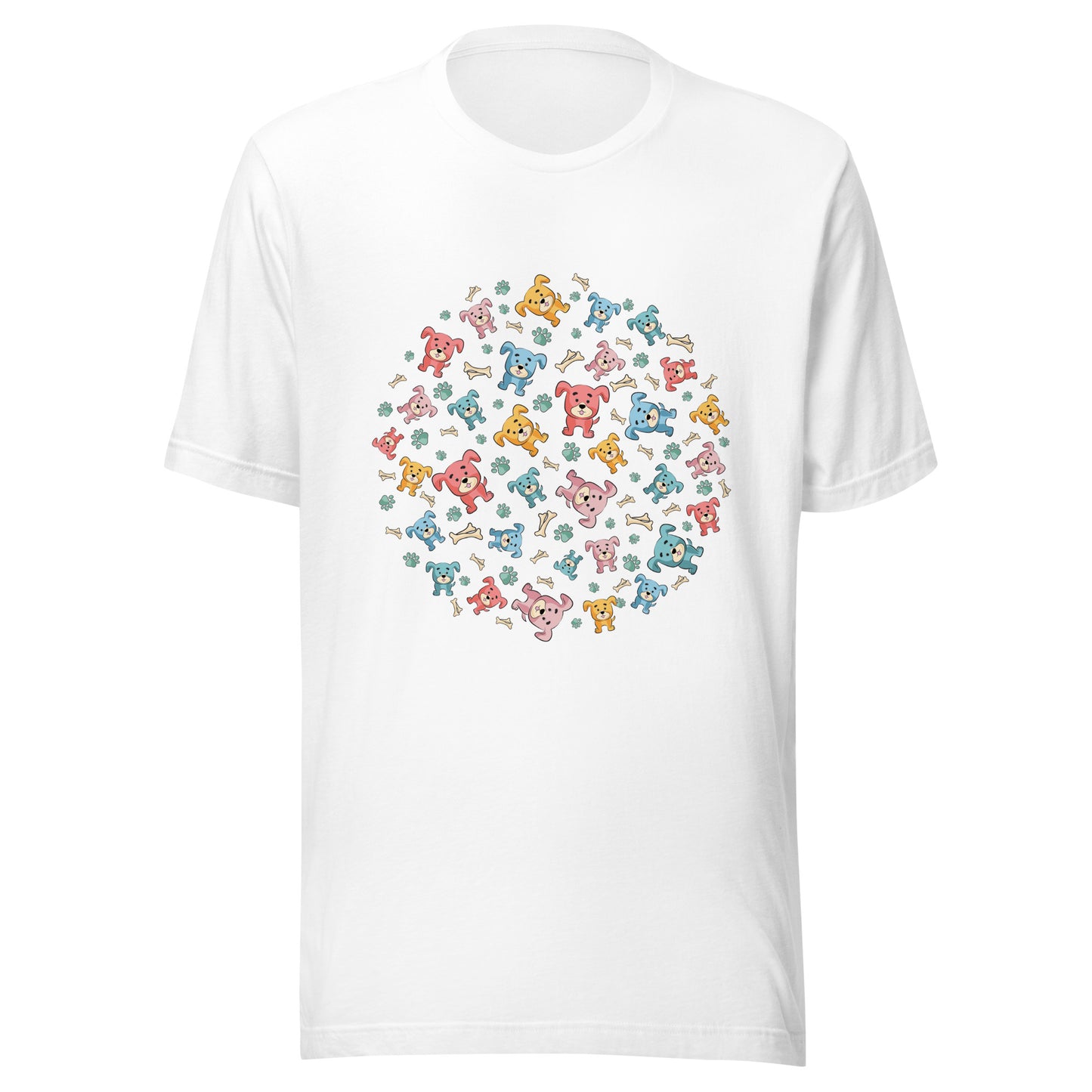 White unisex short sleeve t-shirt with multi-colored cartoon puppies in a circle with paws and bones.