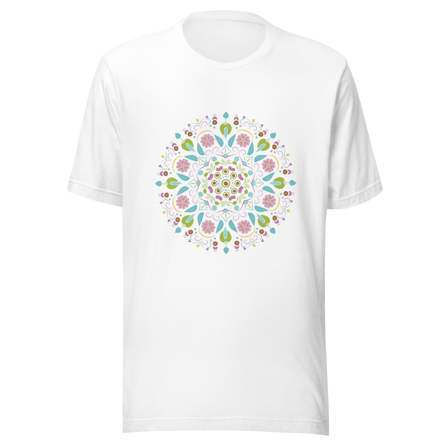 White unisex short sleeve t-shirt with a Scandanavian style mandala multi-colored.