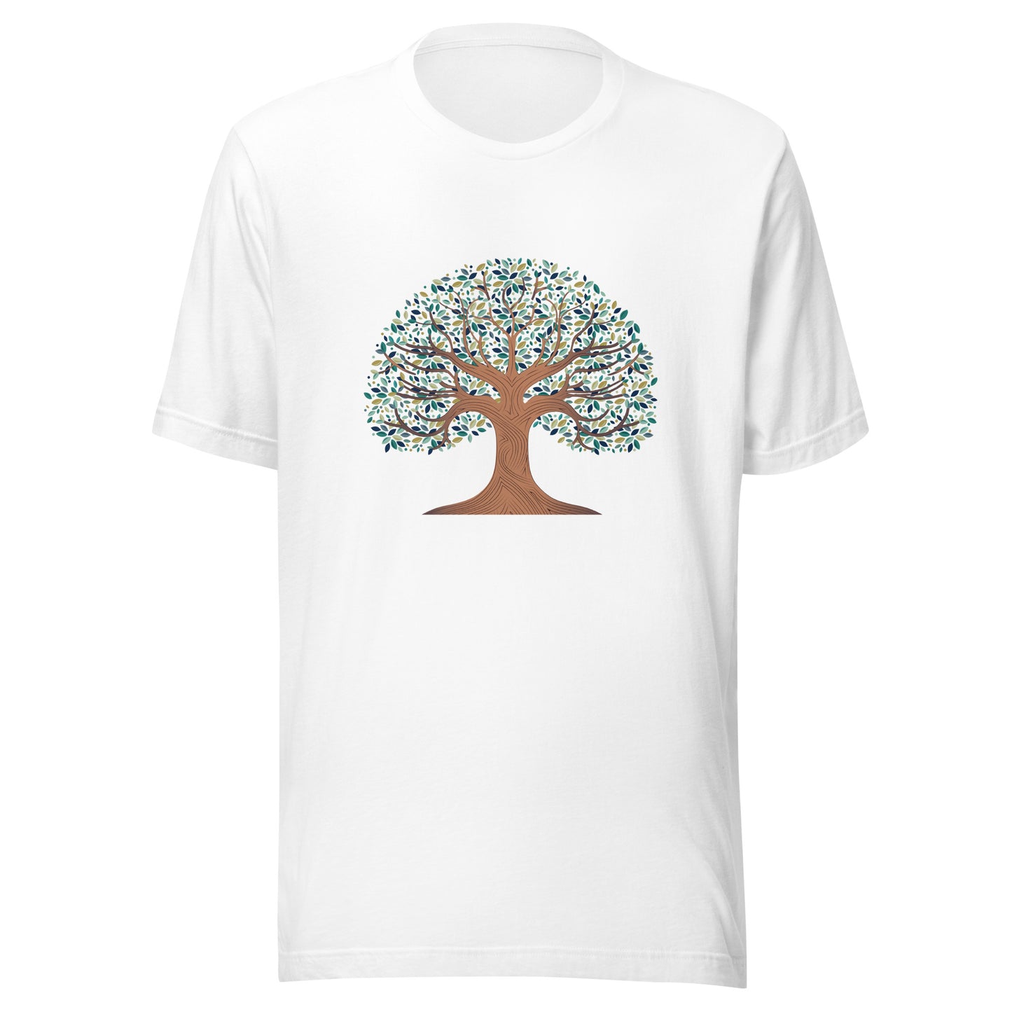 White unisex t-shirt with a tree of life with colorful leaves.