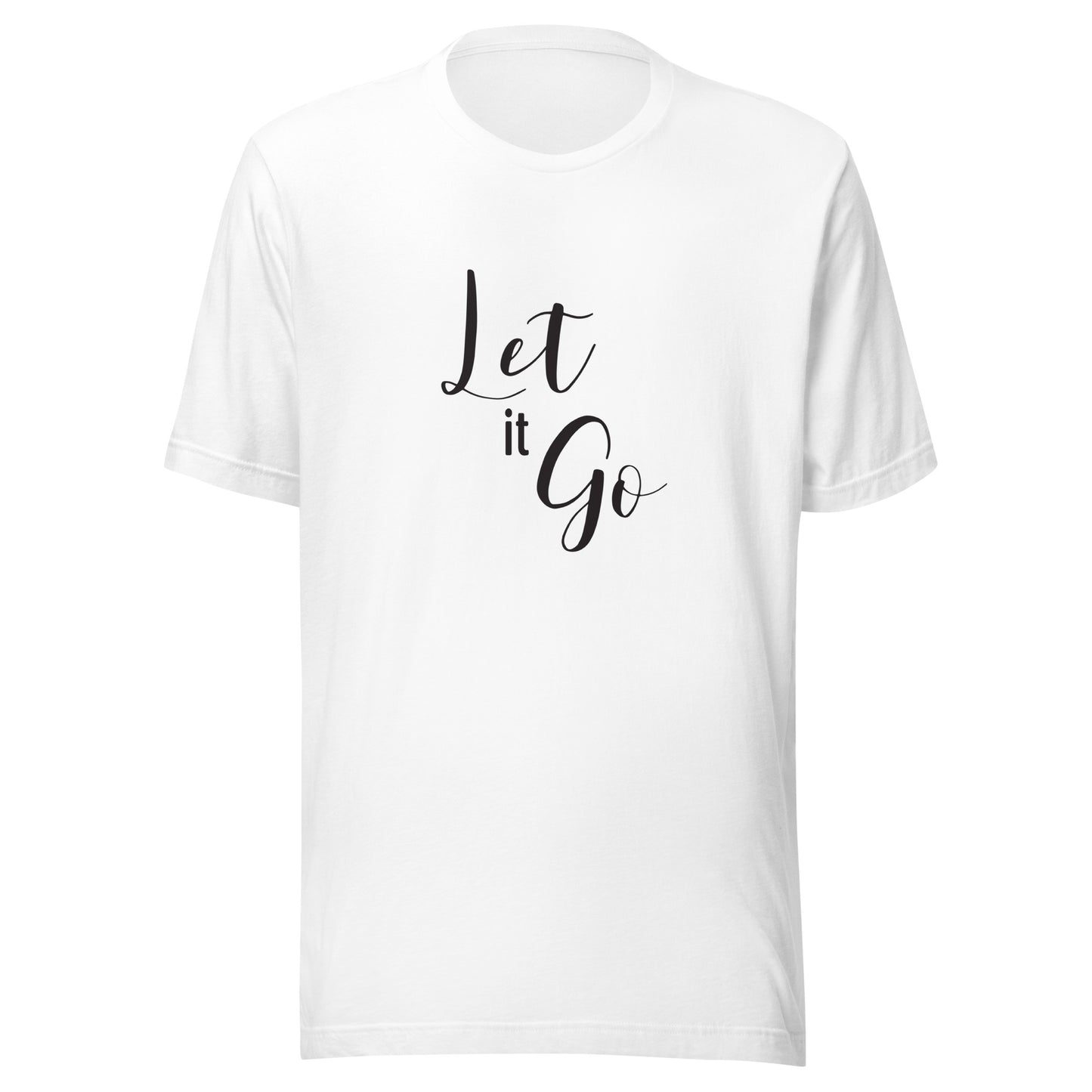 White unisex t-shirt that says 'Let it Go'.