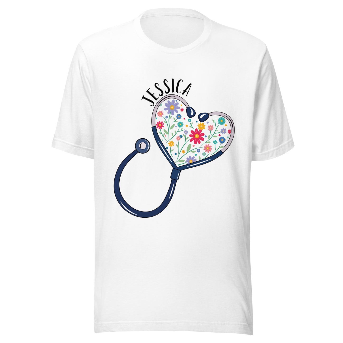 Unisex white short sleeve t-shirt with a stethoscope in the shape of a heart with multi-colored flowers inside and personalized with a name hugging the top of the heart shape.