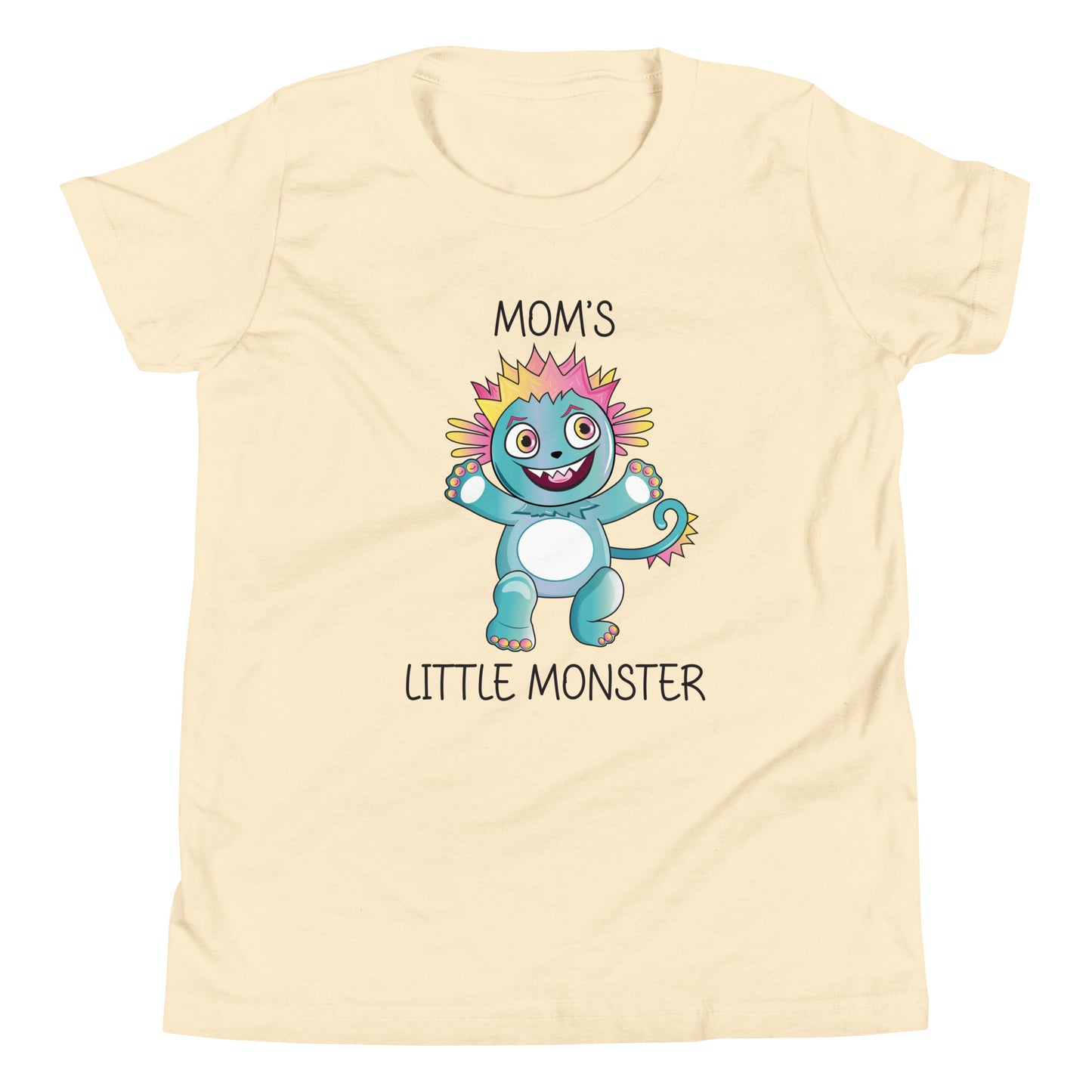 Cream youth sized unisex t-shirt that has a cute monster and says 'Mom's Little Monster'.