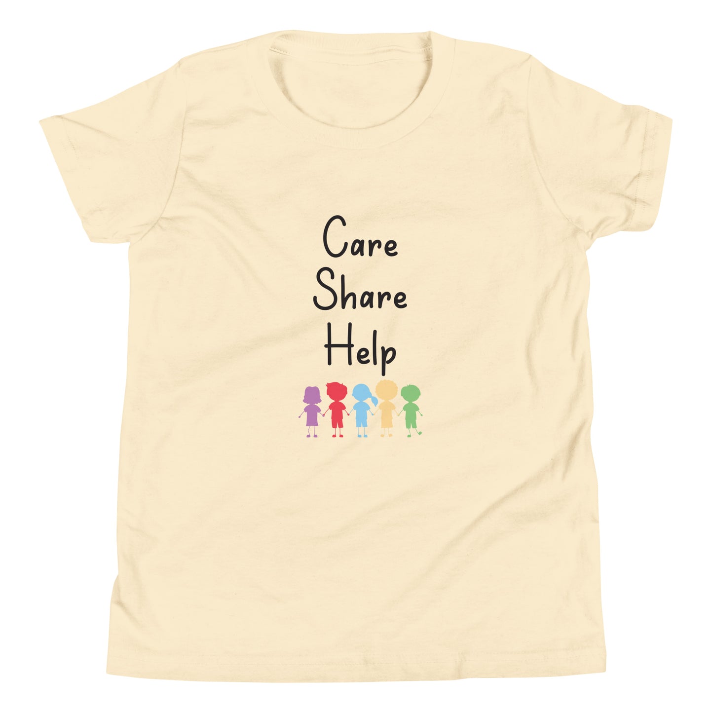 Cream short sleeve unisex youth sized t-shirt that says Care Share Help with multi-colored solid kids holding hands.