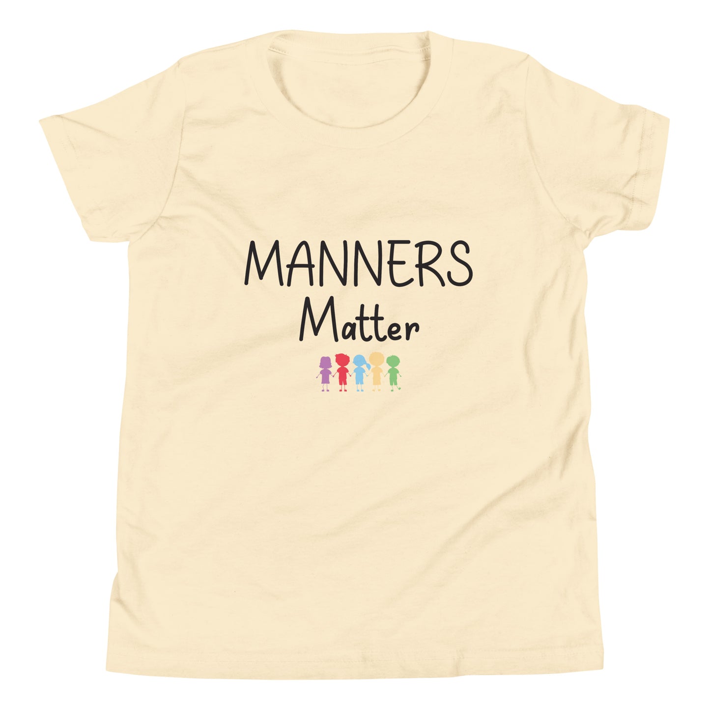 Cream short sleeve unisex youth sized t-shirt that says Manners Matter with 5 solid multi-colored kids holding hands.