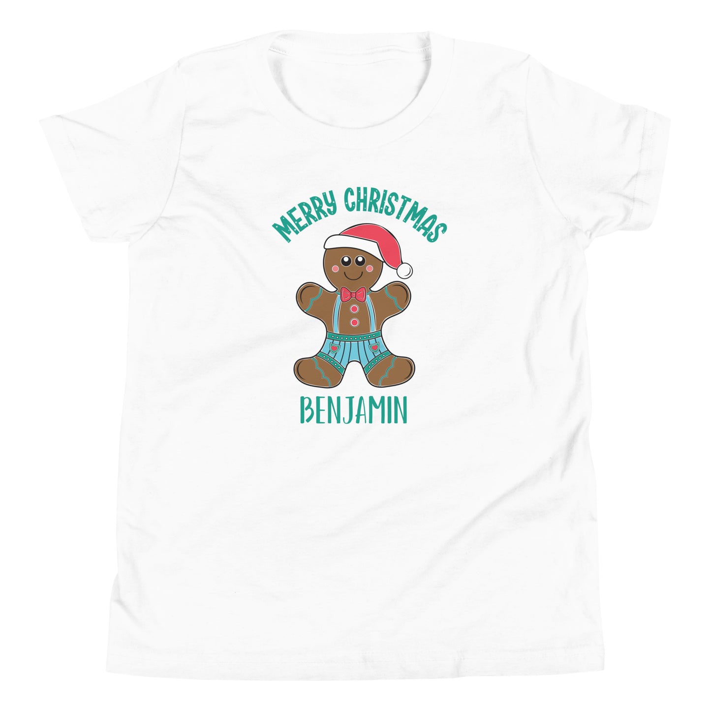 Personalized with childs name Merry Christmas Gingerbread Man Youth Short Sleeve white color T-Shirt.
