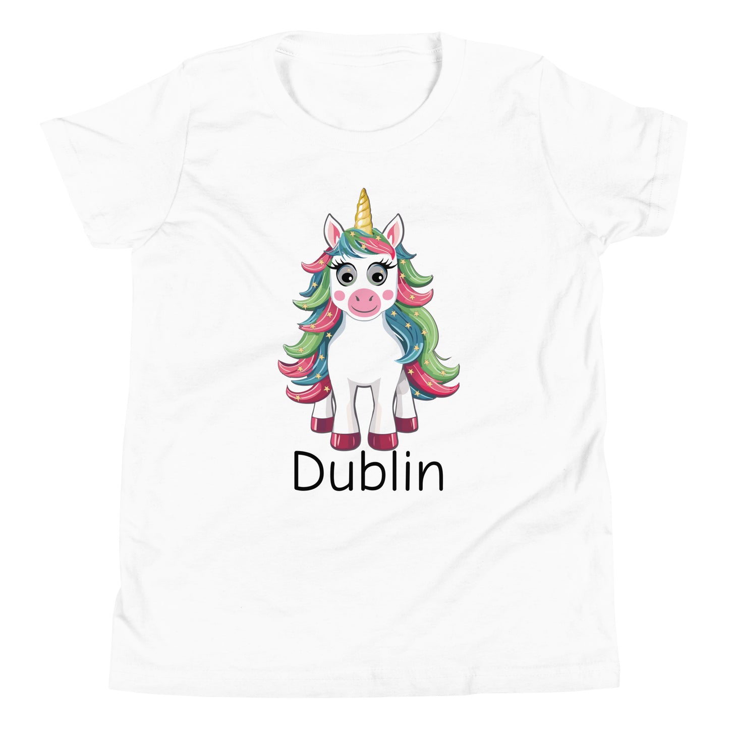 Personalized Name with Christmas Unicorn youth size Girl Short Sleeve T-shirt white color.