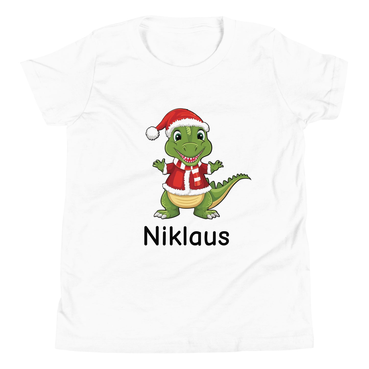 White unisex short sleeve youth sized t-shirt Personalized with childs name under a dinosaur dressed like santa.