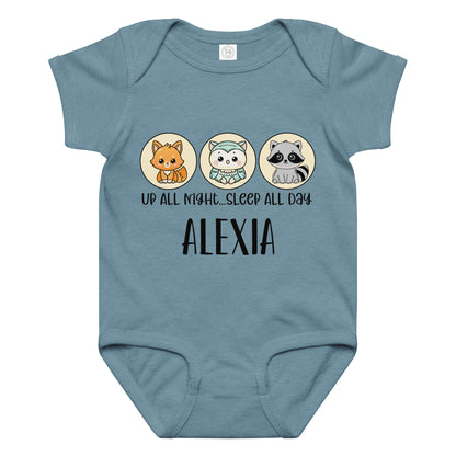 Personalized Up All Night Sleep All Day Nocturnal Animals Infant Bodysuit.