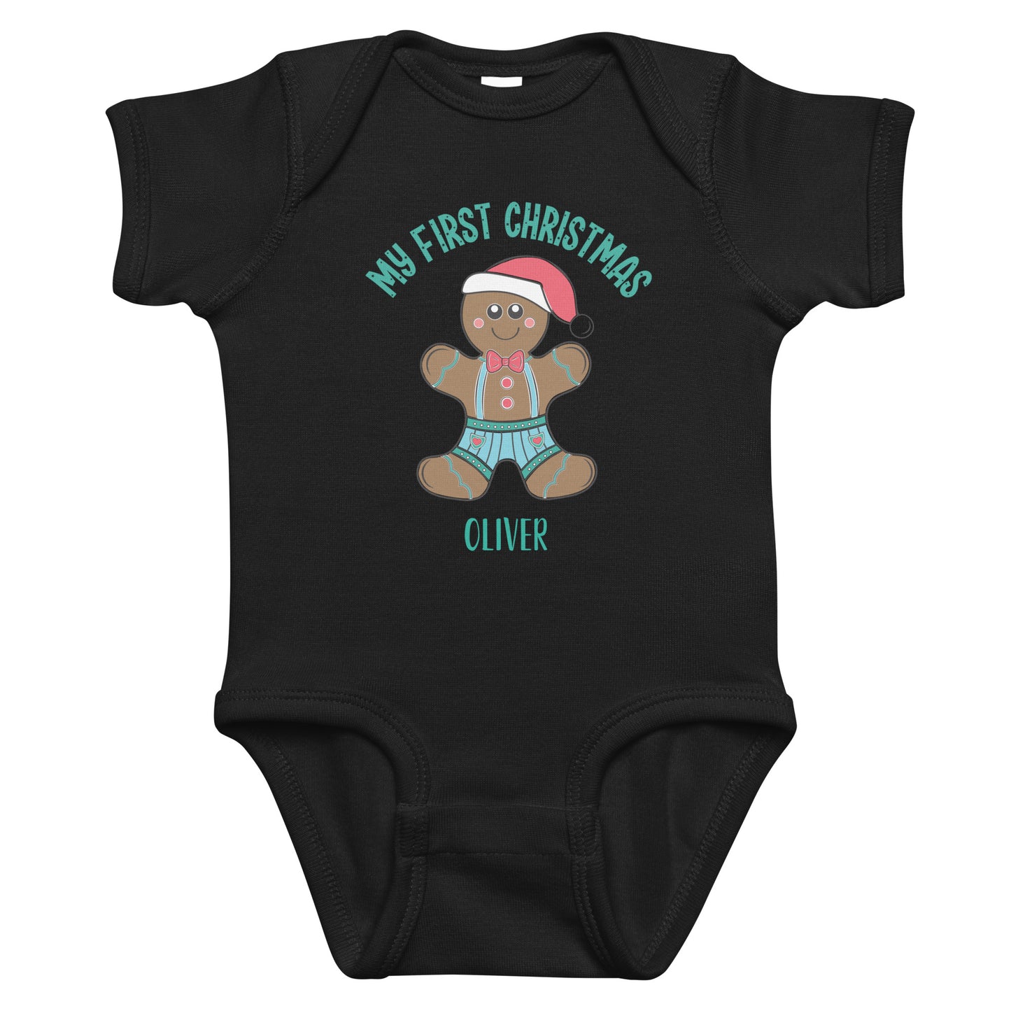 Personalized with name My First Christmas Gingerbread boy infant bodysuit in black.