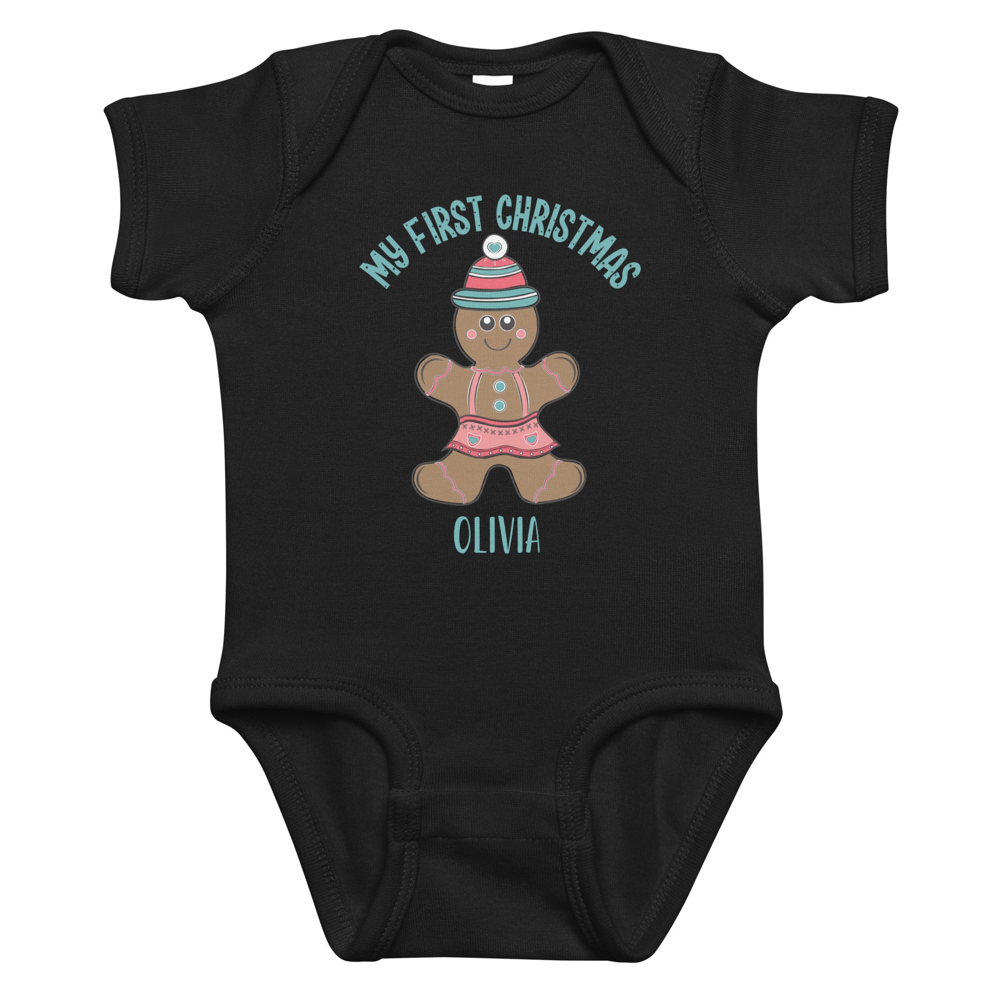 Personalized with name My First Christmas Gingerbread Girl infant bodysuit in black.