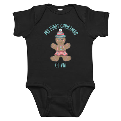 Personalized with name My First Christmas Gingerbread Girl infant bodysuit in black.