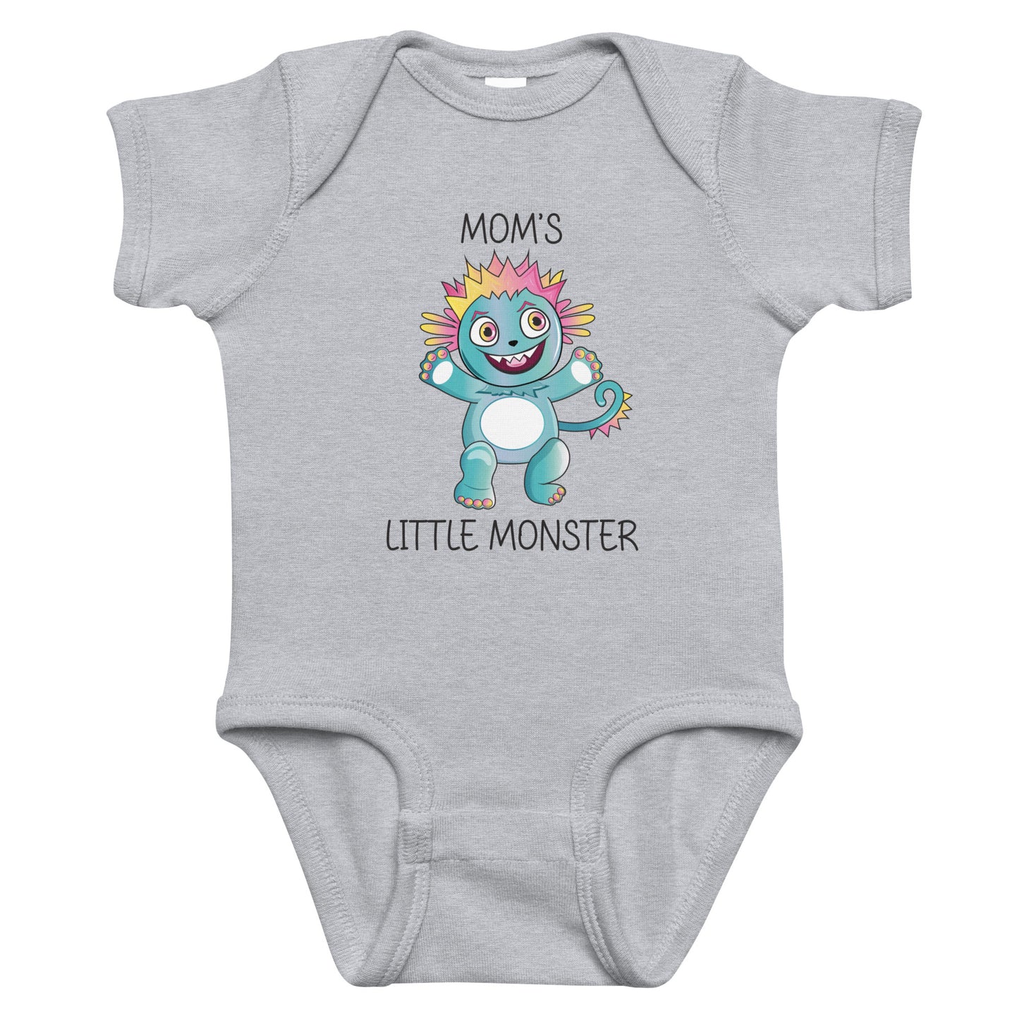 Gray short sleeve infant bodysuit with cute monster that says Moms Little Monster on the front. 