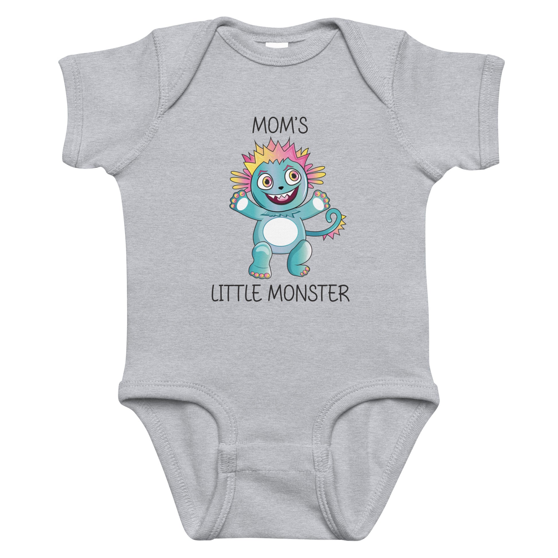Gray short sleeve infant bodysuit with cute monster that says Moms Little Monster on the front. 