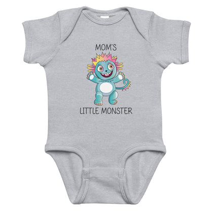 Gray short sleeve infant bodysuit with cute monster that says Moms Little Monster on the front. 