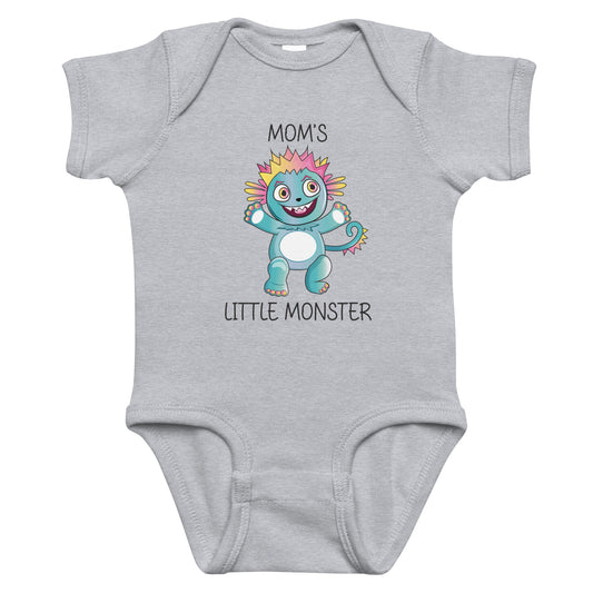 Gray short sleeve infant bodysuit with cute monster that says Moms Little Monster on the front. 