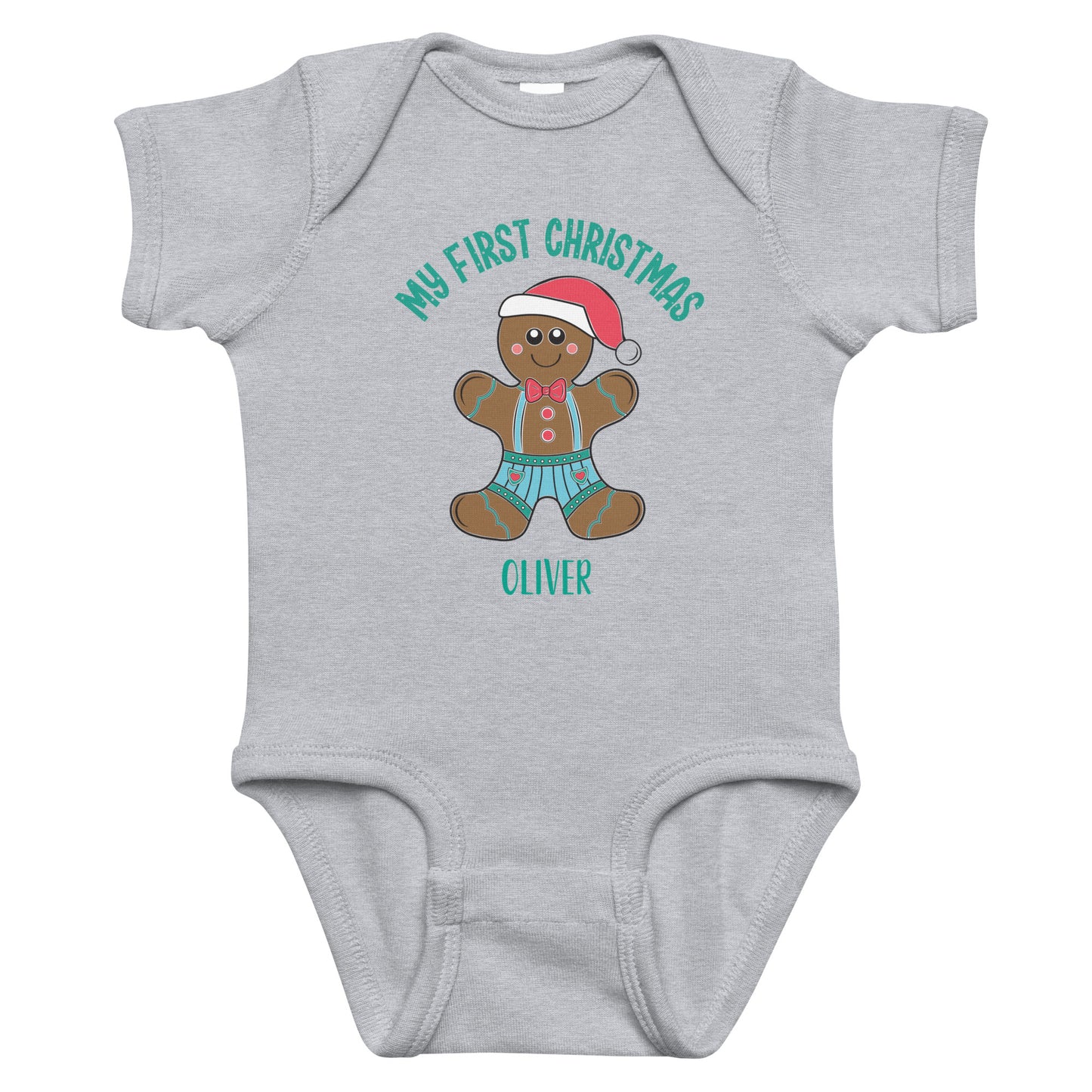 Personalized with name My First Christmas Gingerbread boy infant bodysuit in gray.