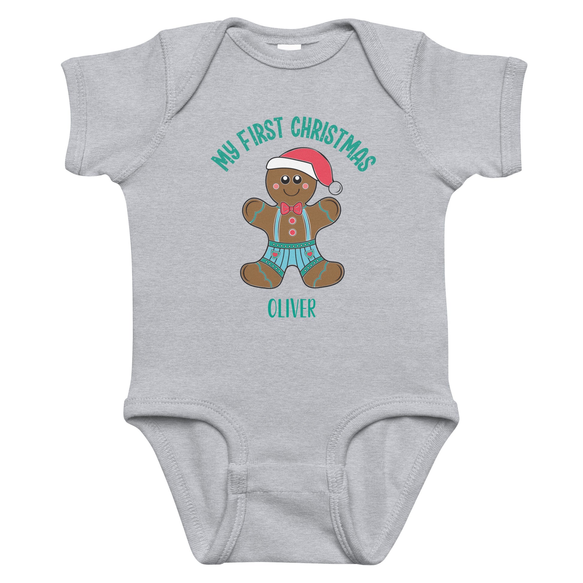 Personalized with name My First Christmas Gingerbread boy infant bodysuit in gray.