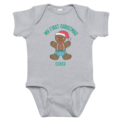 Personalized with name My First Christmas Gingerbread boy infant bodysuit in gray.