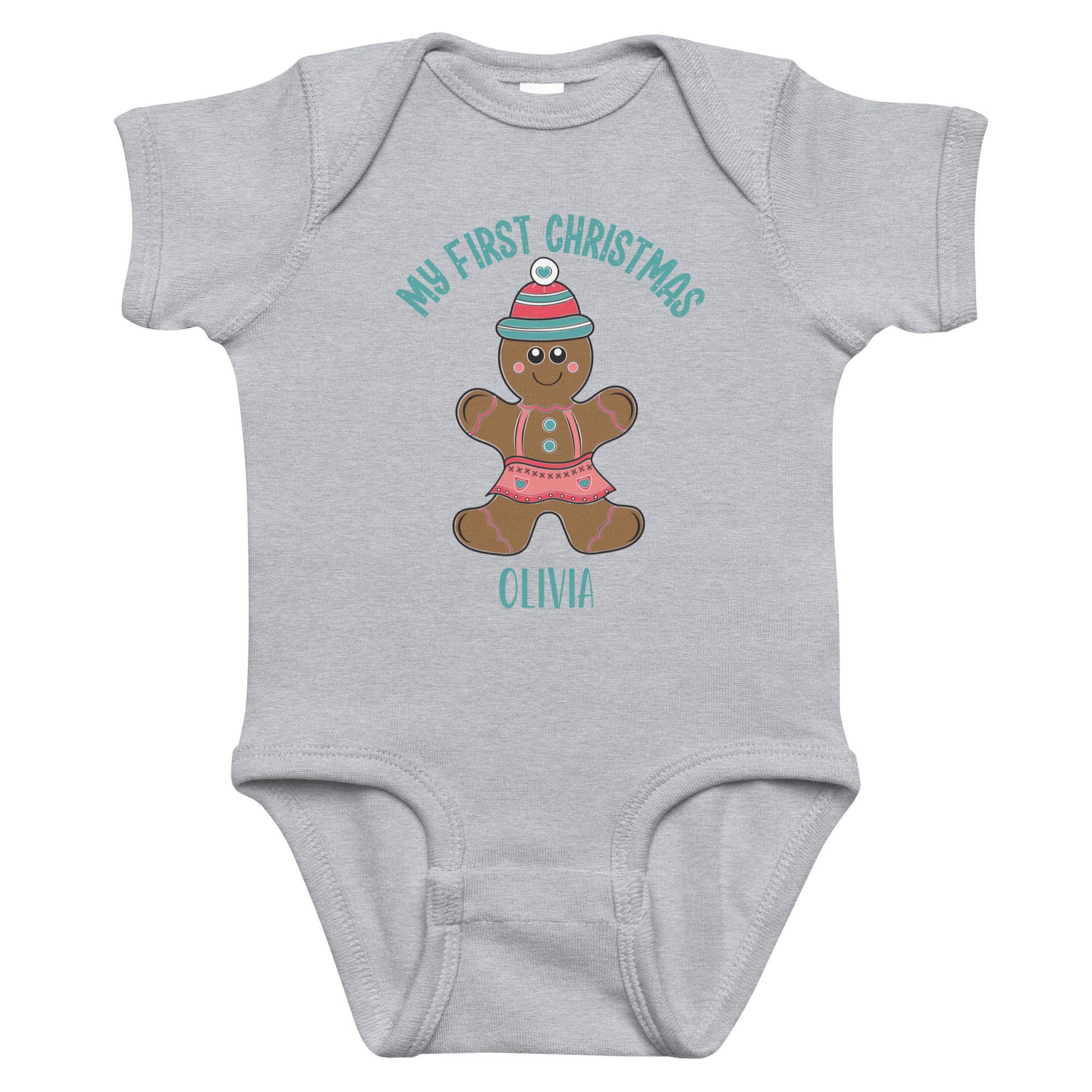 Personalized with name My First Christmas Gingerbread Girl infant bodysuit in gray.