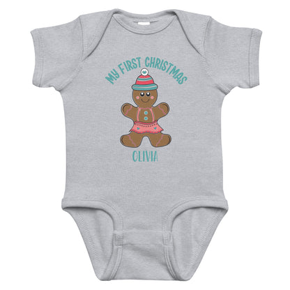 Personalized with name My First Christmas Gingerbread Girl infant bodysuit in gray.