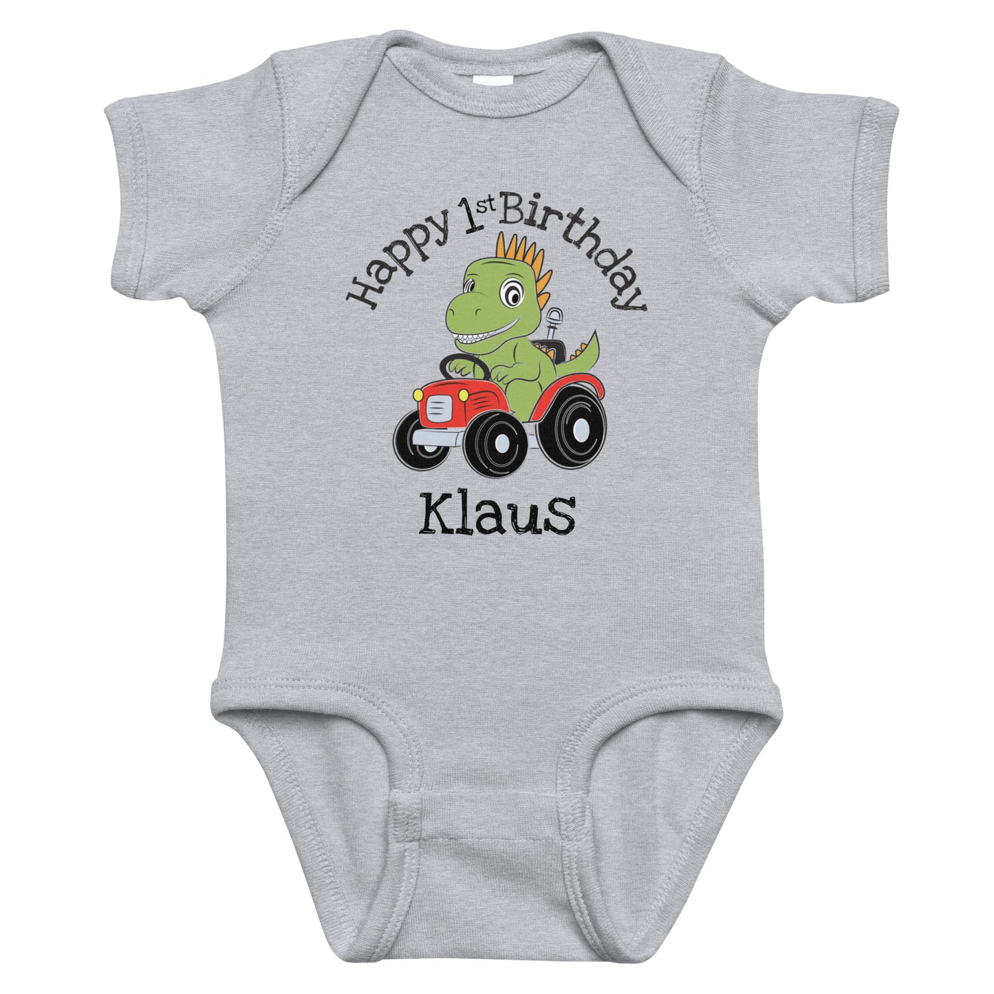 Personalized with childs name Happy Birthday Dinosaur on a Tractor Infant gray bodysuit.