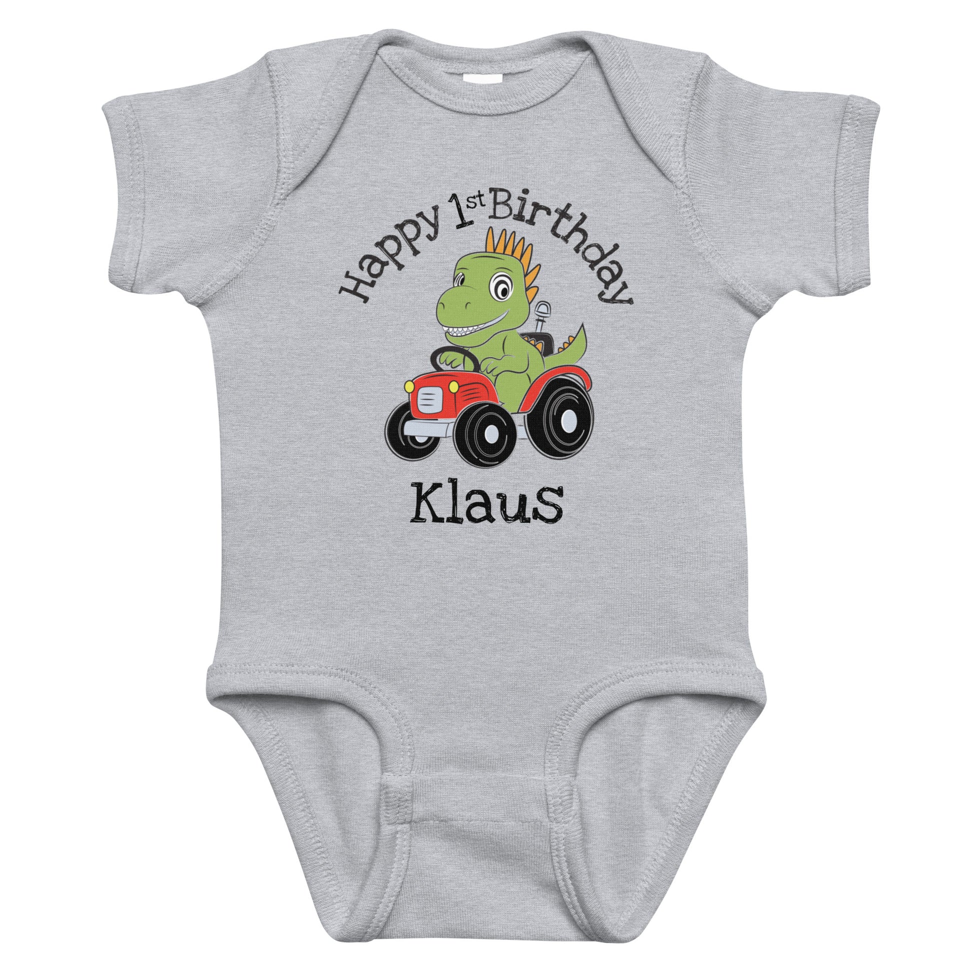 Personalized with childs name Happy Birthday Dinosaur on a Tractor Infant gray bodysuit.