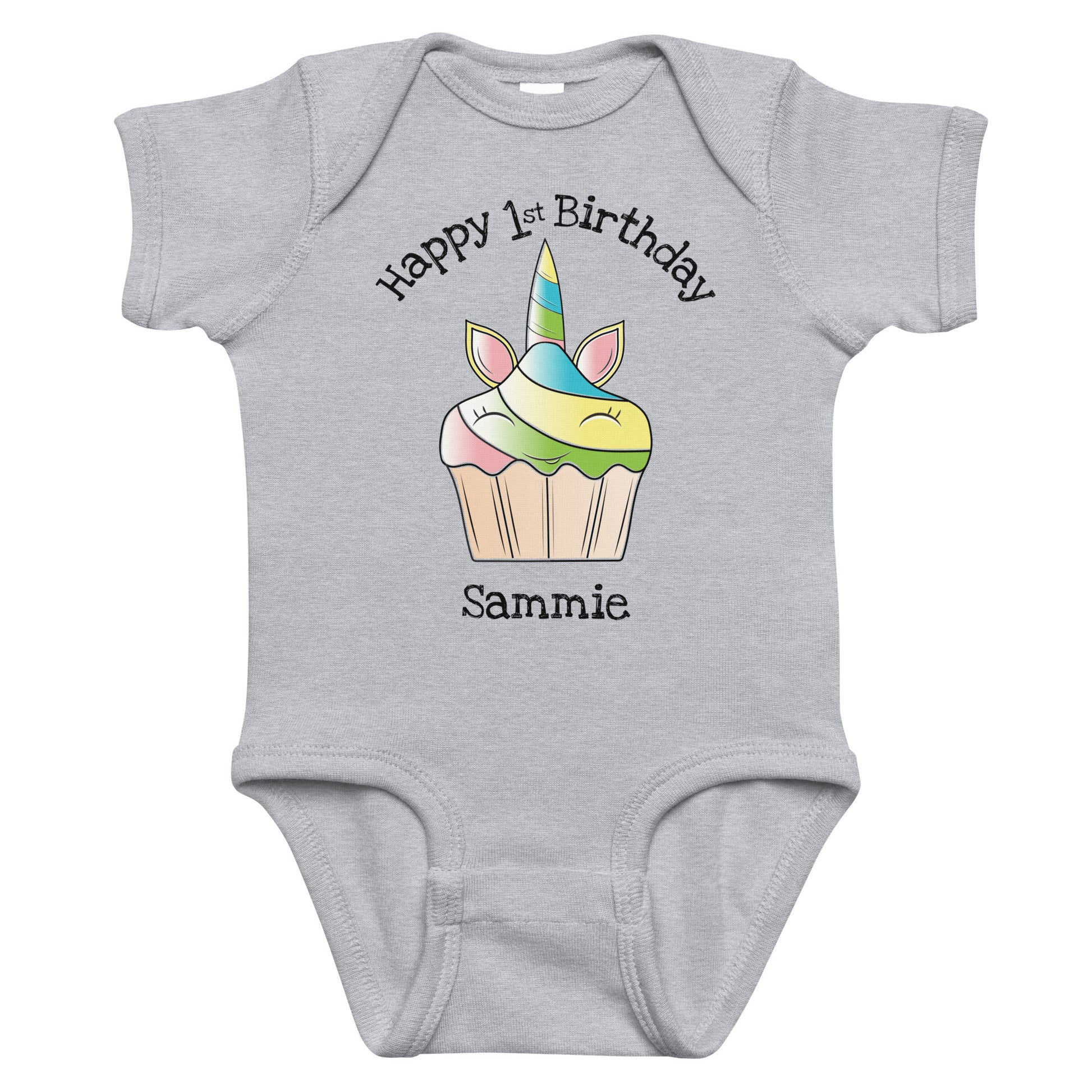 Personalized Birthday Unicorn Cupcake with Name & Age Infant gray bodysuit