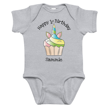 Personalized Birthday Unicorn Cupcake with Name & Age Infant gray bodysuit