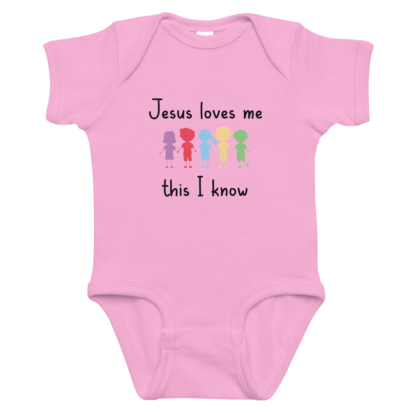 Infant short sleeve bodysuit says Jesus Loves Me This I Know with colorful cartoon kids holding hands 