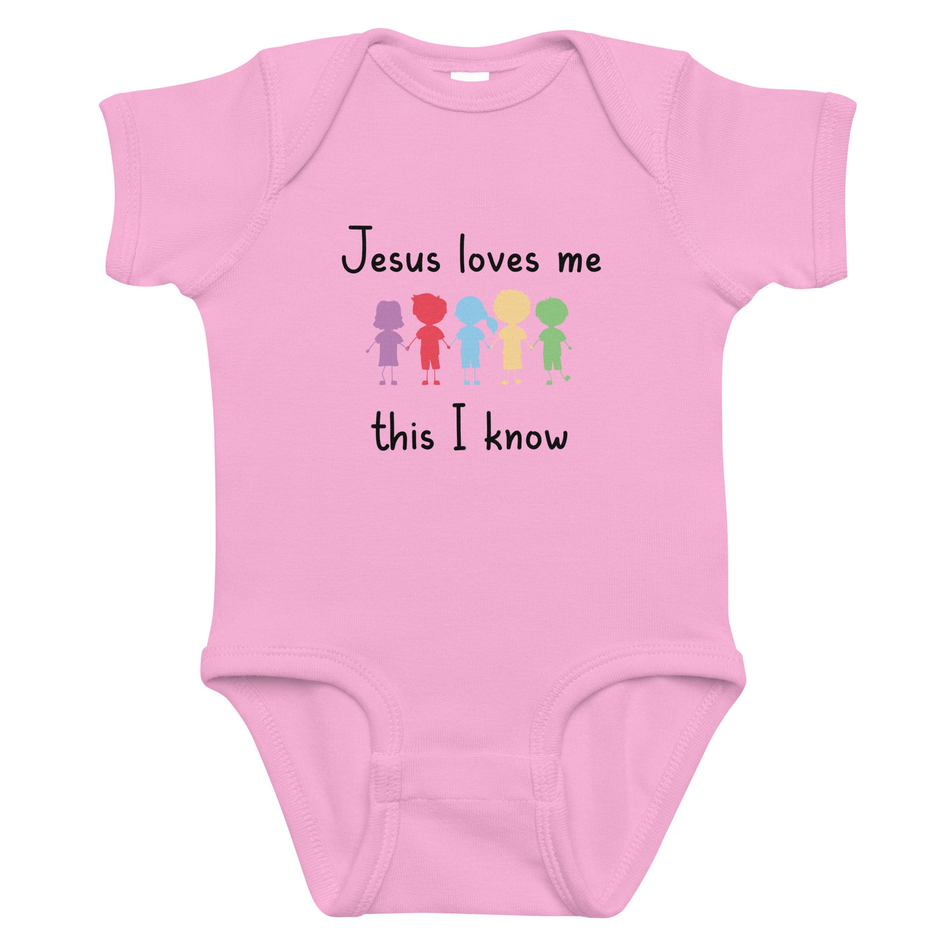 Infant short sleeve bodysuit says Jesus Loves Me This I Know with colorful cartoon kids holding hands 