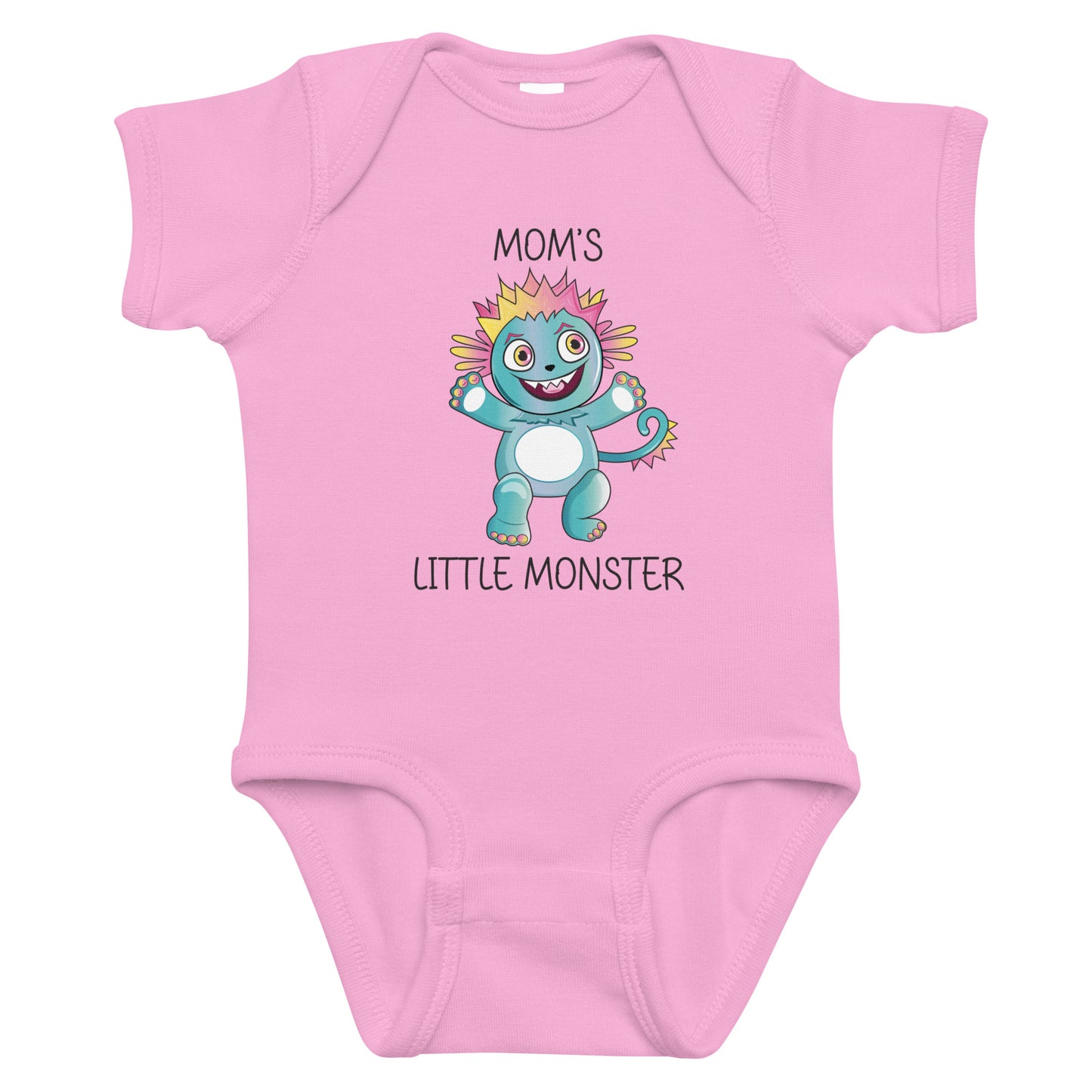 Pink short sleeve infant bodysuit with cute monster that says Moms Little Monster on the front. 