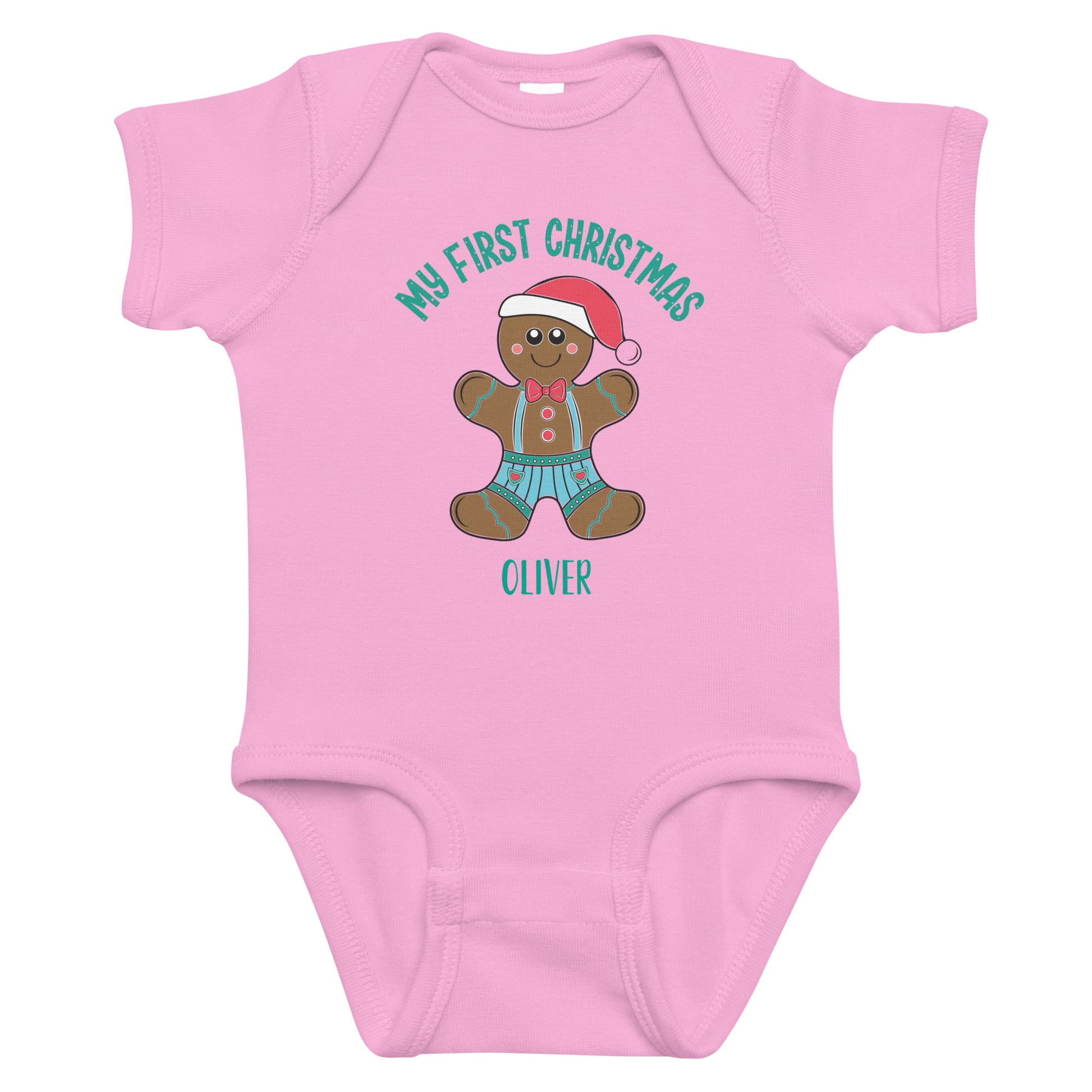 Personalized with name My First Christmas Gingerbread boy infant bodysuit in pink.
